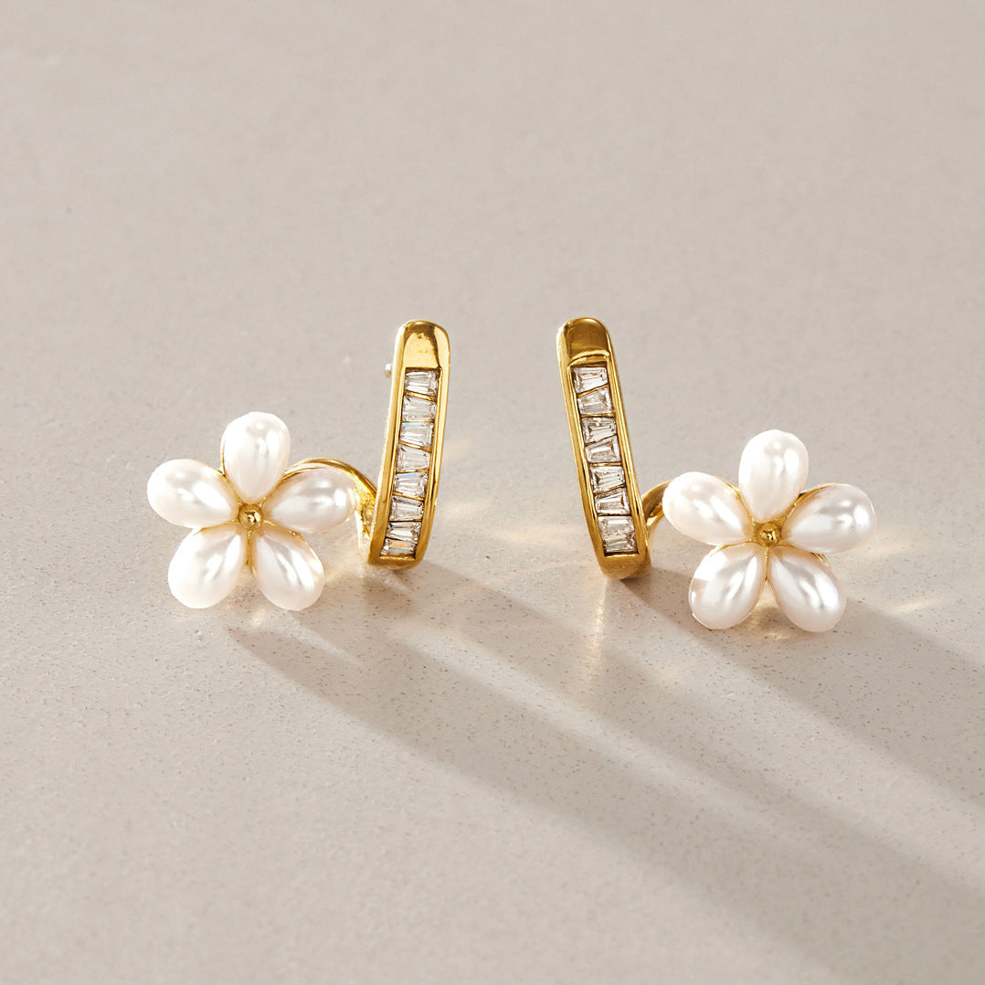 Pearl Flower CZ Huggie Hoop Earrings — view 5