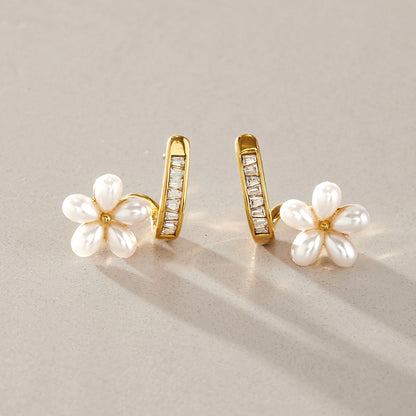 Pearl Flower CZ Huggie Hoop Earrings — view 5