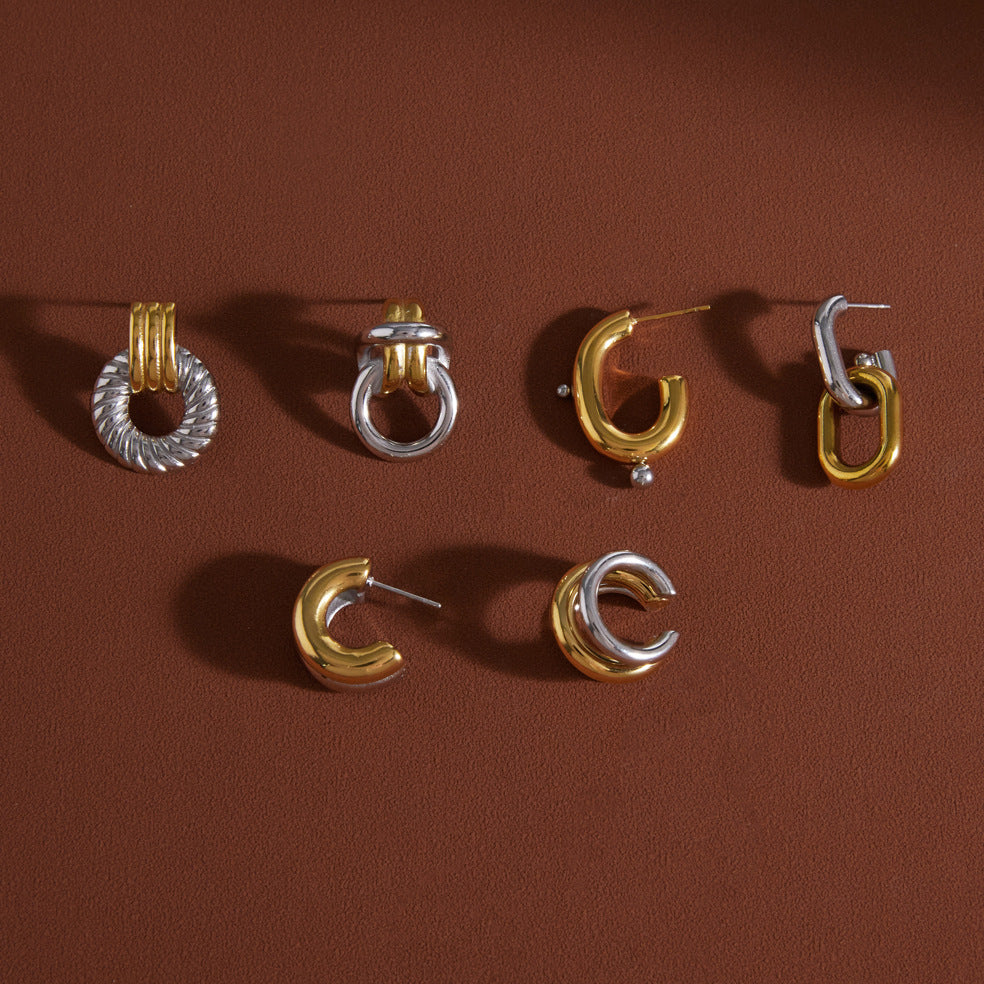 Two-Tone Stainless Steel CZ Earrings Series — view 4