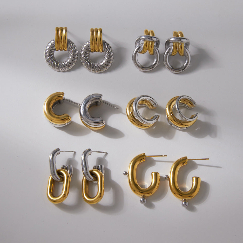 Two-Tone Stainless Steel CZ Earrings Series — view 3