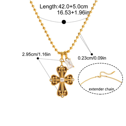 Vintage Ornate CZ Cross Necklace Series — Baroque Beaded Cross Necklace · Gold
