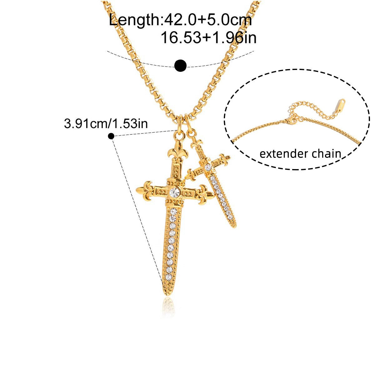 Vintage Ornate CZ Cross Necklace Series — Dagger Double Cross Necklace · Gold