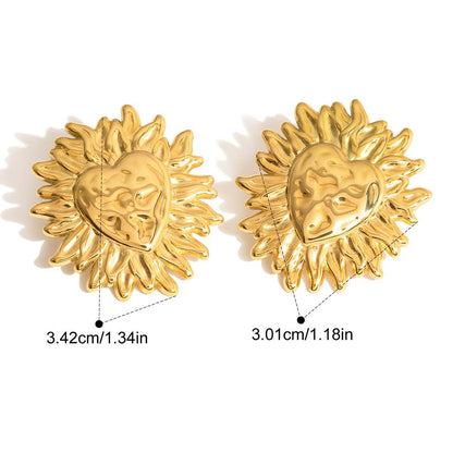 Vintage Sculptural Gold Tone Earring Series — Heart Sunburst Studs · Gold