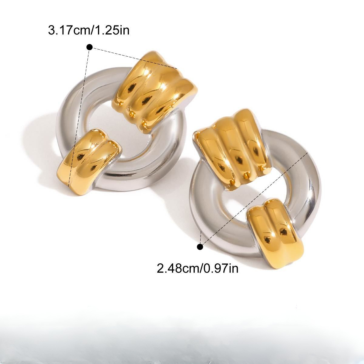 Two-Tone Stainless Steel CZ Earrings Series — Ribbed Link Earrings · Two Tone