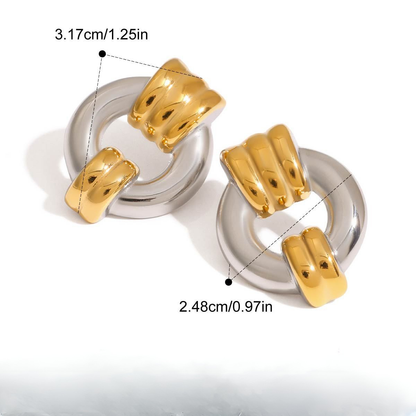 Two-Tone Stainless Steel CZ Earrings Series — Ribbed Link Earrings · Two Tone