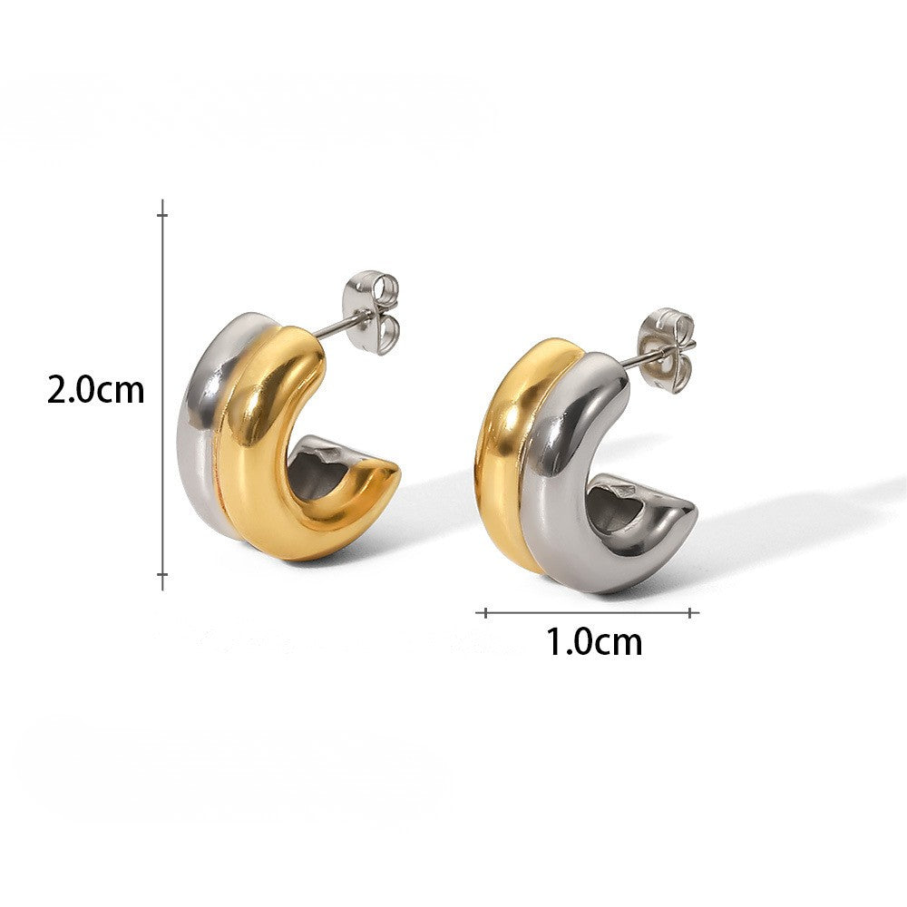 Two-Tone Stainless Steel CZ Earrings Series — Chunky C-Hoop Earrings · Two Tone