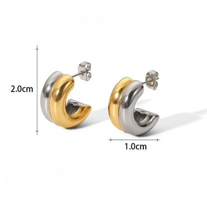 Two-Tone Stainless Steel CZ Earrings Series — Chunky C-Hoop Earrings · Two Tone