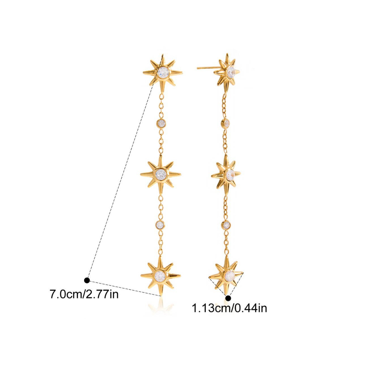 Dangle Drop CZ Earrings Collection — Triple Star Chain Earrings · Gold