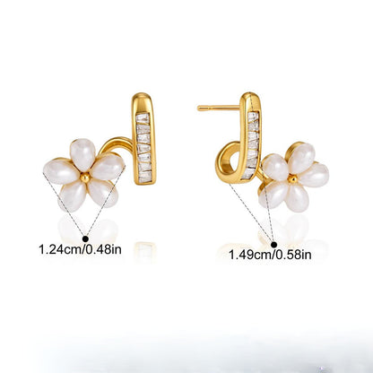 Pearl Flower CZ Huggie Hoop Earrings — Pearl Bloom Hoop Earrings · Gold