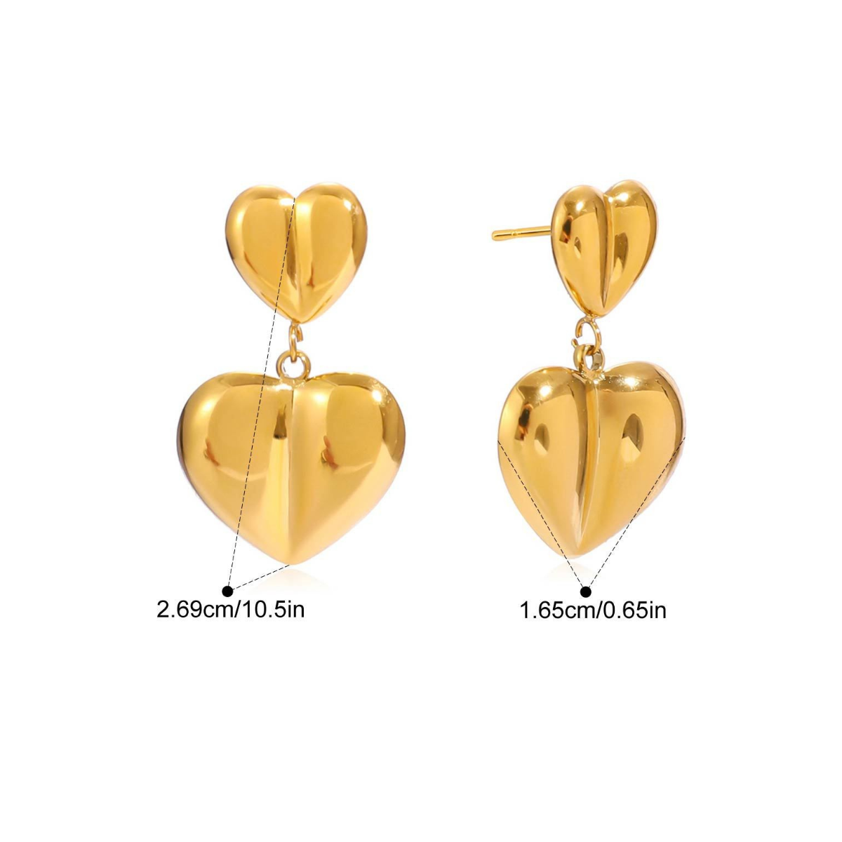 Puffy Heart Stainless Steel Jewelry Set — Double Heart Drop Earrings · Gold