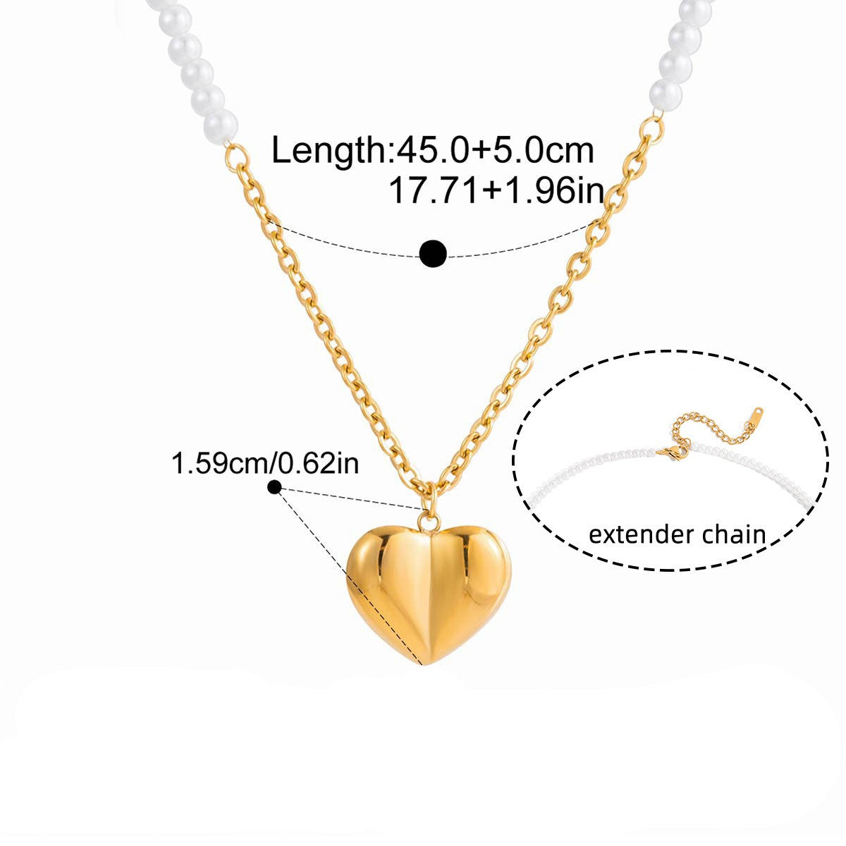 Puffy Heart Stainless Steel Jewelry Set — Pearl Chain Heart Necklace · Gold