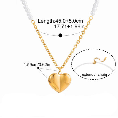 Puffy Heart Stainless Steel Jewelry Set — Pearl Chain Heart Necklace · Gold
