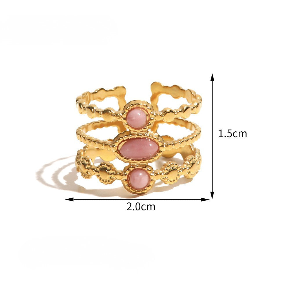 Statement Colorful CZ & Stone Adjustable Ring Series — Pink Trio Wide Band Ring · Gold