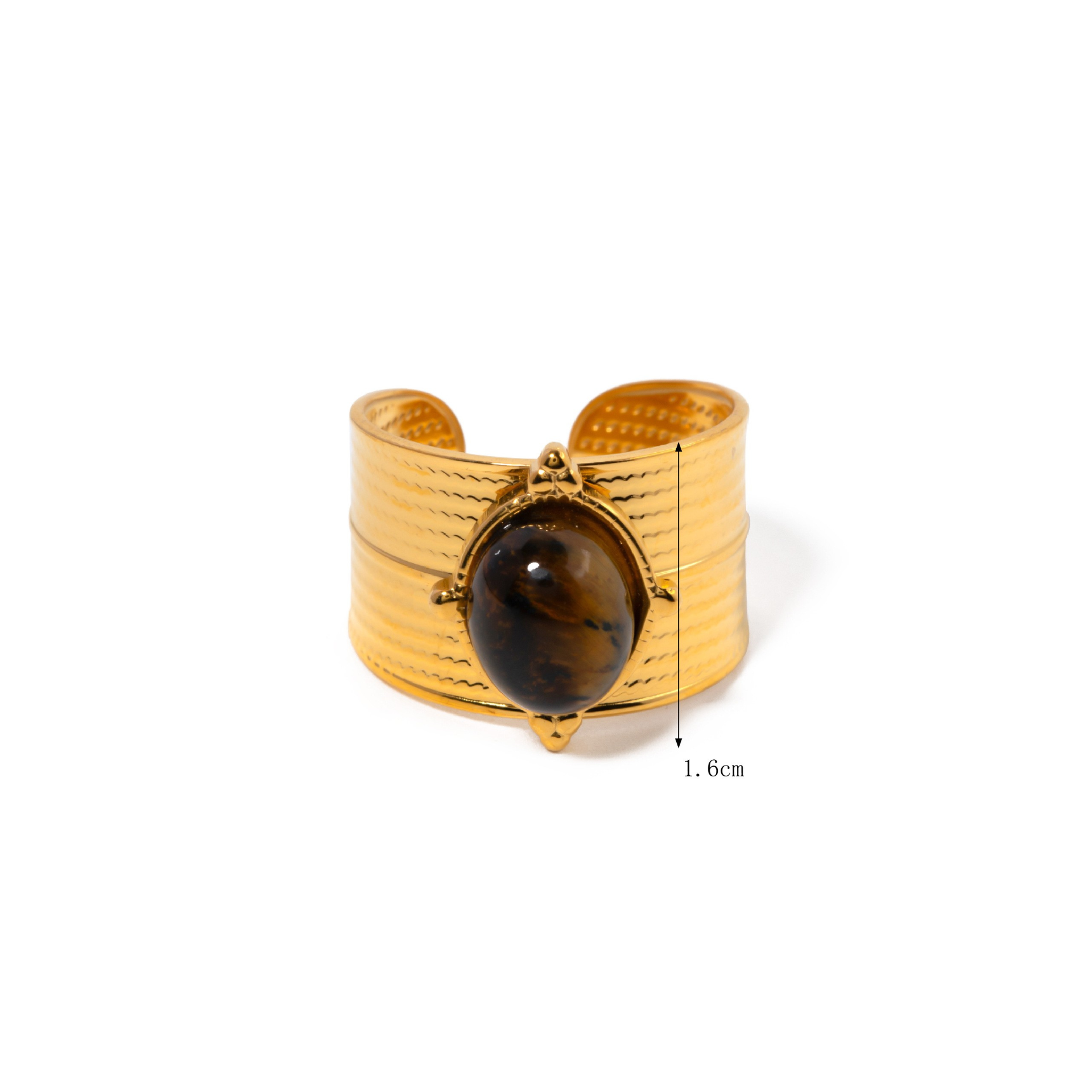 Statement Colorful CZ & Stone Adjustable Ring Series — Tiger Eye Wide Band Ring · Gold