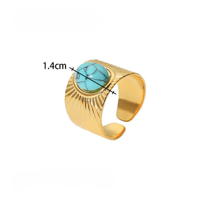 Statement Colorful CZ & Stone Adjustable Ring Series — Turquoise Ribbed Band Ring · Gold