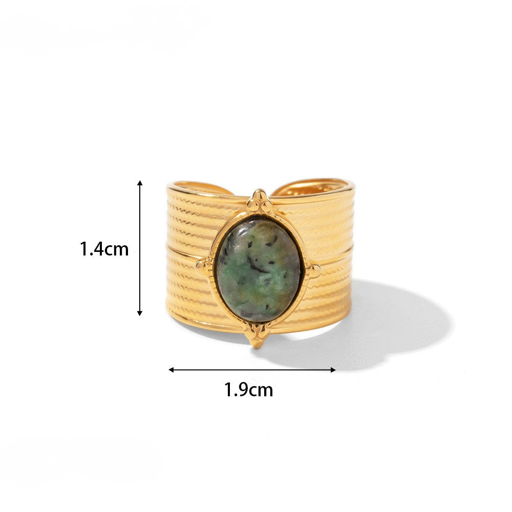 Statement Colorful CZ & Stone Adjustable Ring Series — Green Stone Wave Band Ring · Gold