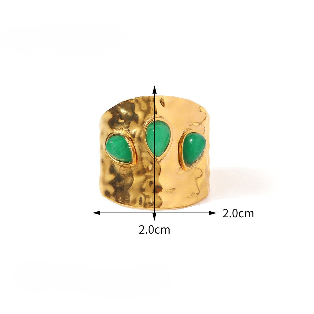 Statement Colorful CZ & Stone Adjustable Ring Series — Triple Green Stone Ring · Gold