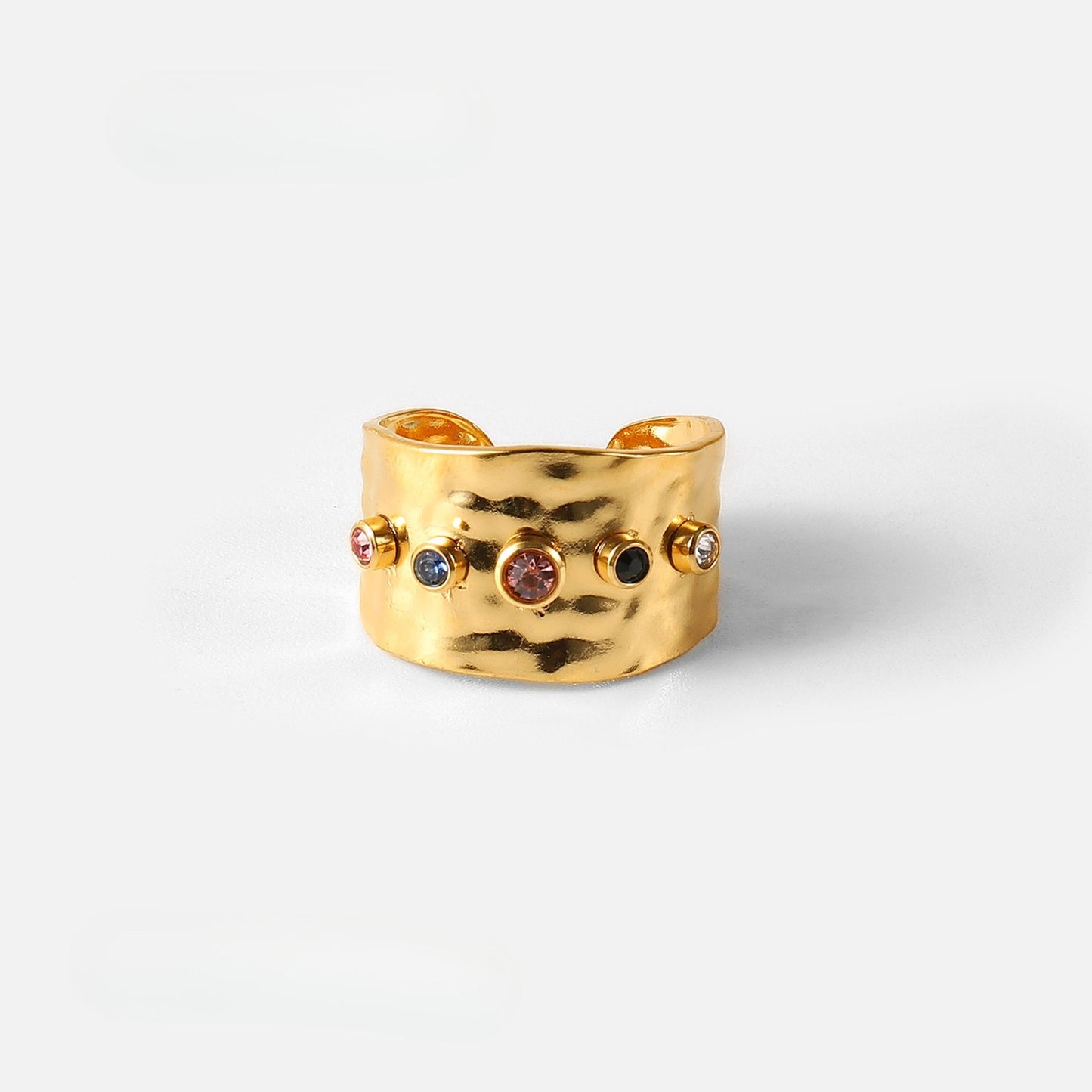 Statement Colorful CZ & Stone Adjustable Ring Series — Multi-Color Hammered Ring · Gold