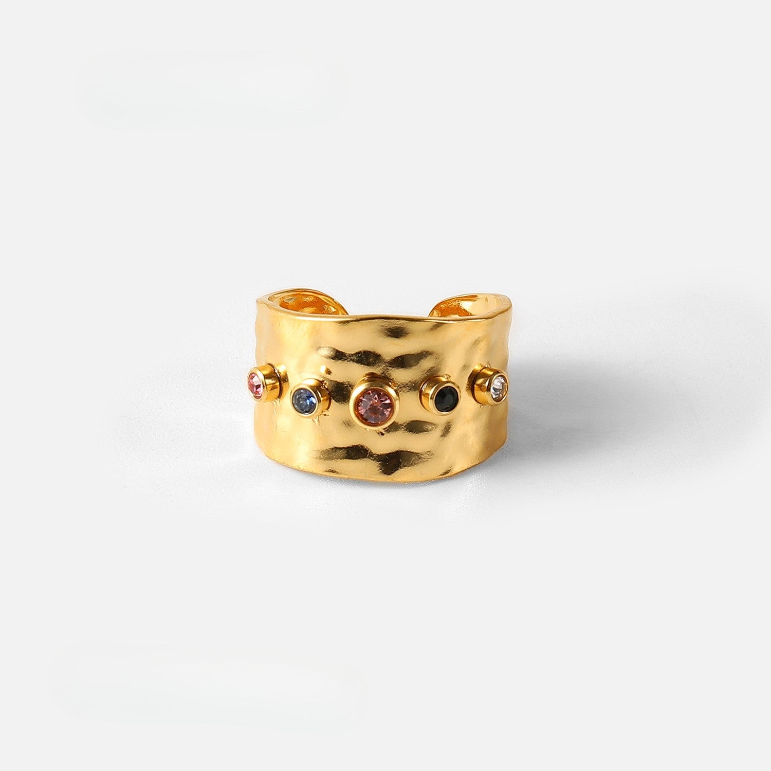 Statement Colorful CZ & Stone Adjustable Ring Series — Multi-Color Hammered Ring · Gold