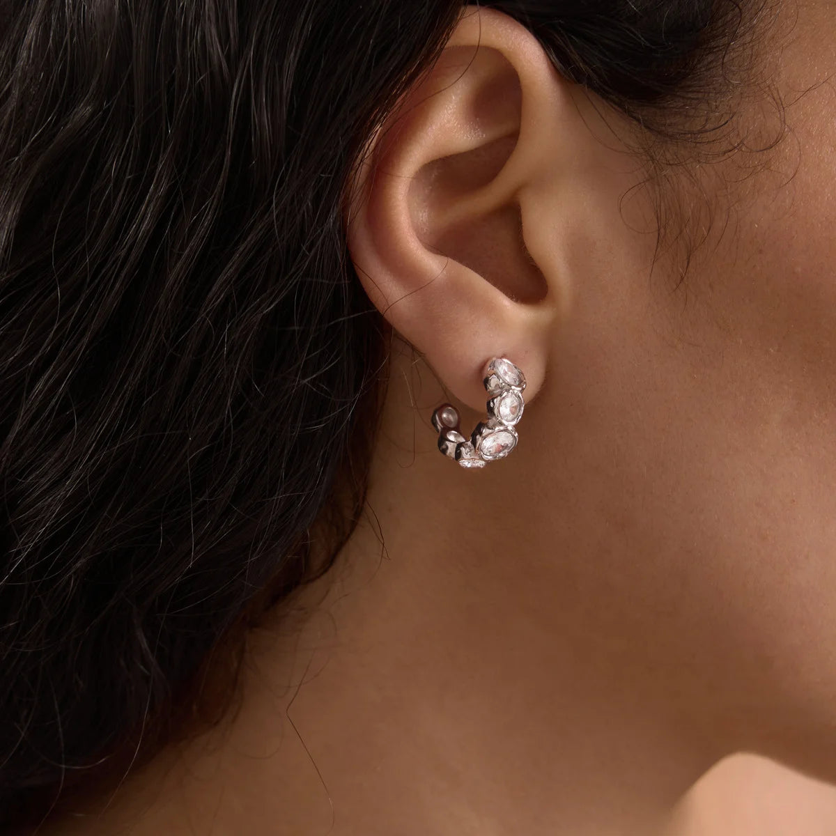 Oval CZ Chunky Huggie Earrings — view 3