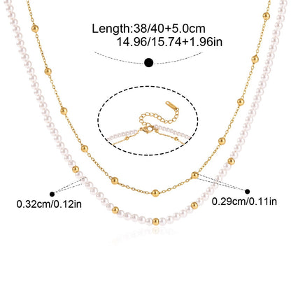Boho Layered Pearl Necklace — Layered Pearl Ball Chain · Gold