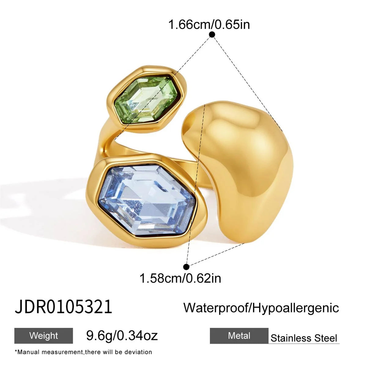Chunky Hex Zirconia Ring — Blue Green Hex Duo · Gold