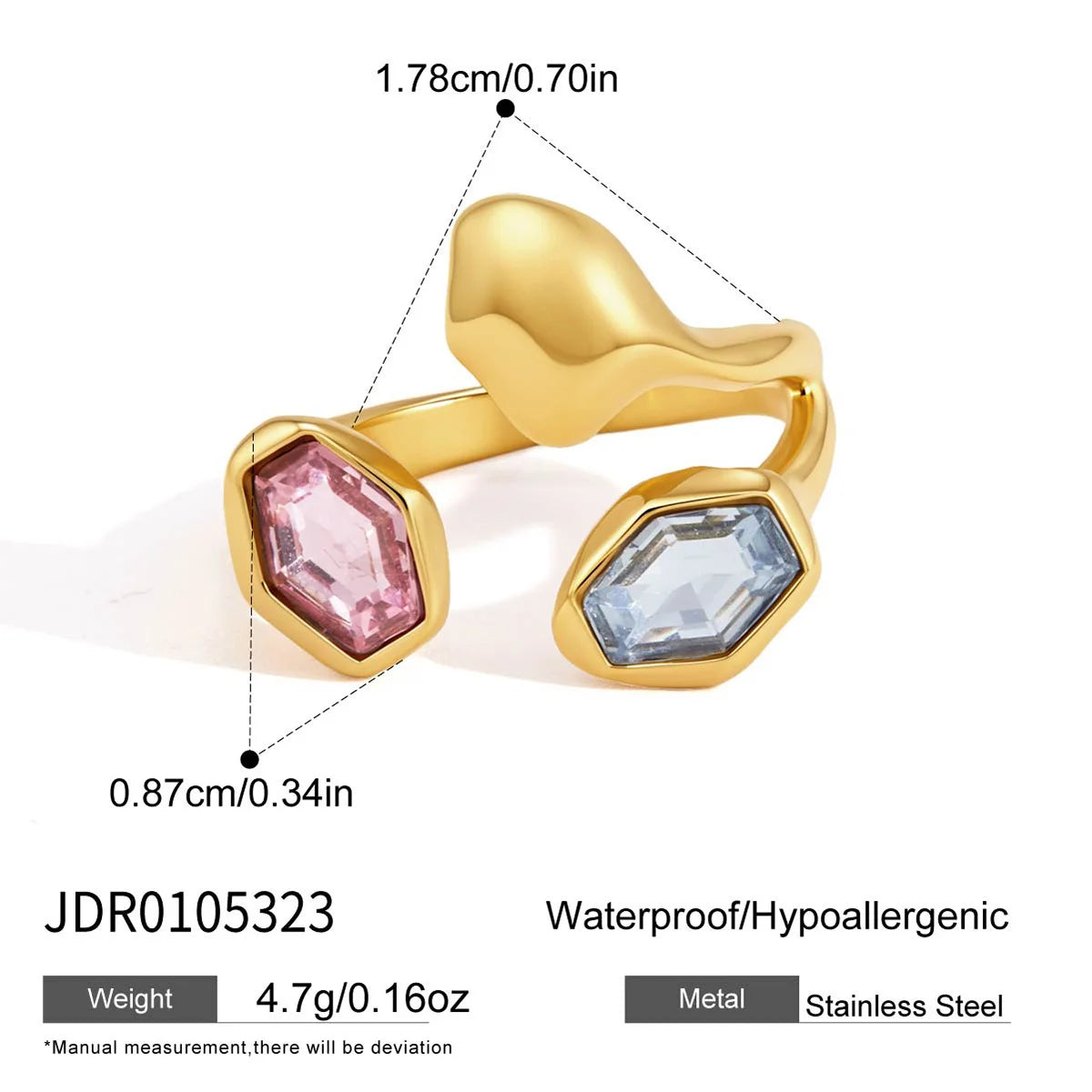 Chunky Hex Zirconia Ring — Pink Blue Wavy Hex · Gold