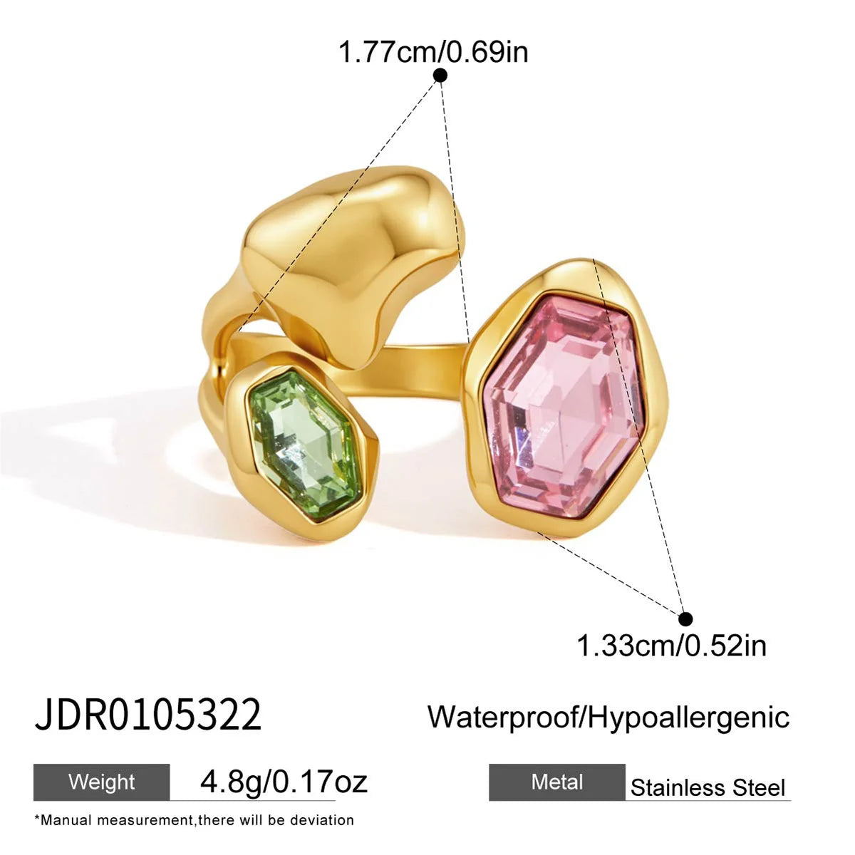 Chunky Hex Zirconia Ring — Pink Green Hex Duo · Gold