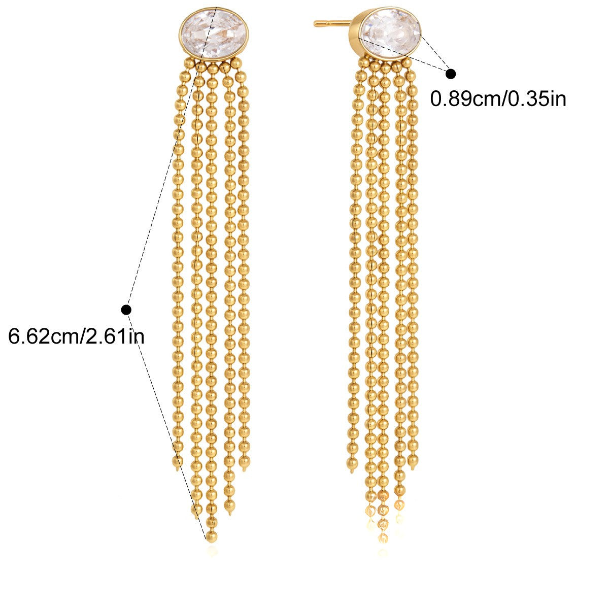 Crystal Chain Tassel Earrings — Single Stone Bead Tassel · Gold