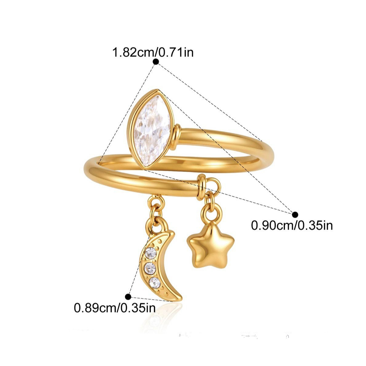 Geometric CZ Open Rings — Marquise Moon Star · Gold