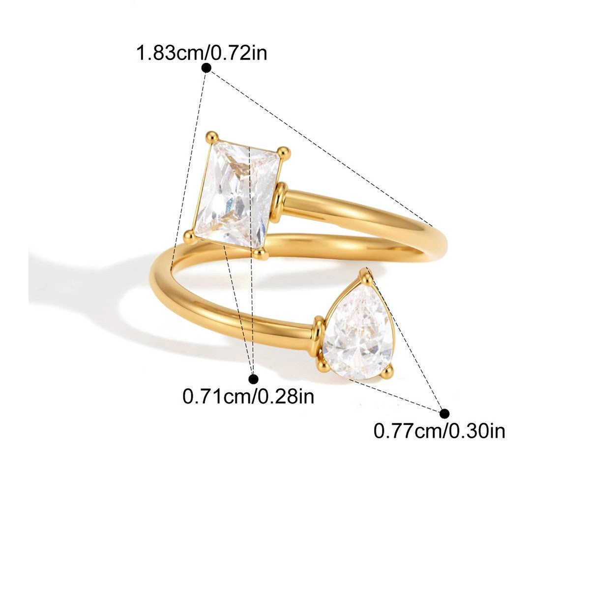 Geometric CZ Open Rings — Baguette Pear Spiral · Gold