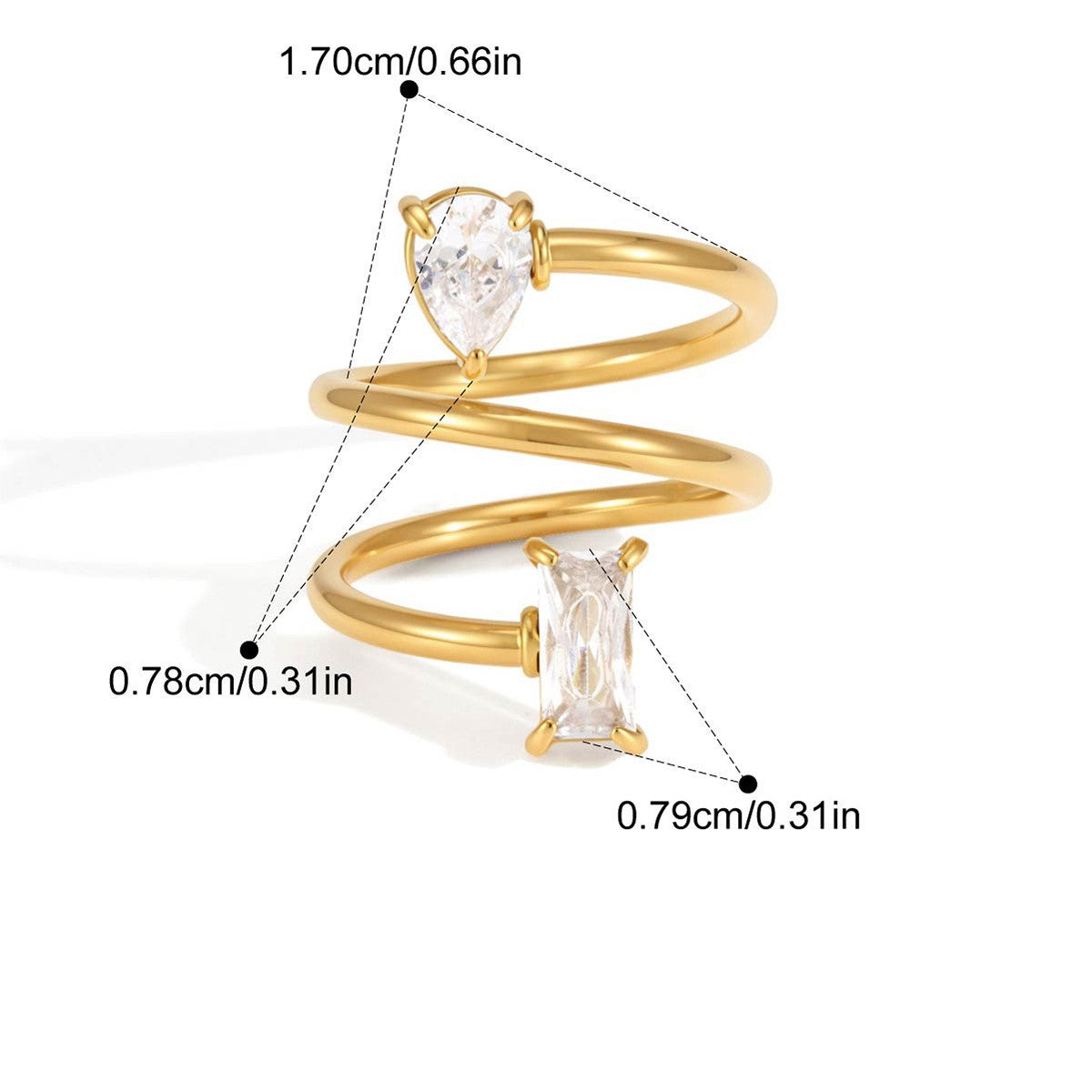 Geometric CZ Open Rings — Pear Baguette Spiral · Gold