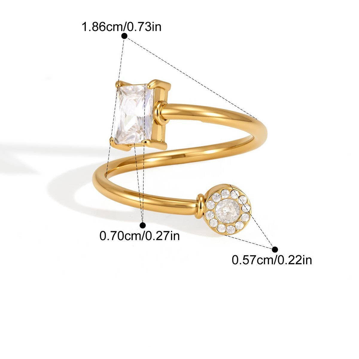 Geometric CZ Open Rings — Baguette Halo Spiral · Gold