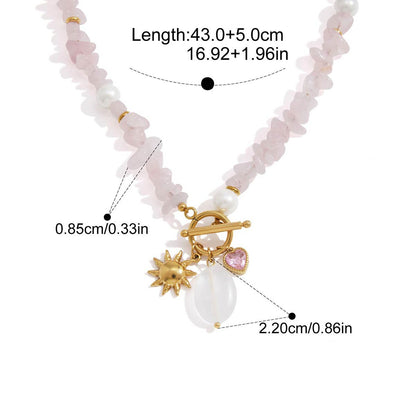 Celestial Bead Pendant Necklace — Pink Bead Sun Heart · Gold