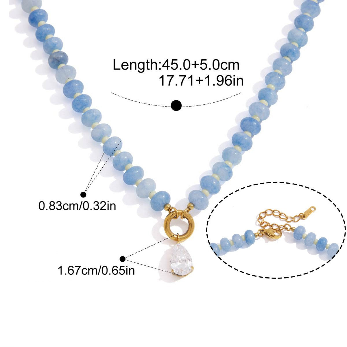 Two Tone Drop Necklace — Blue Beaded Crystal Drop · Gold