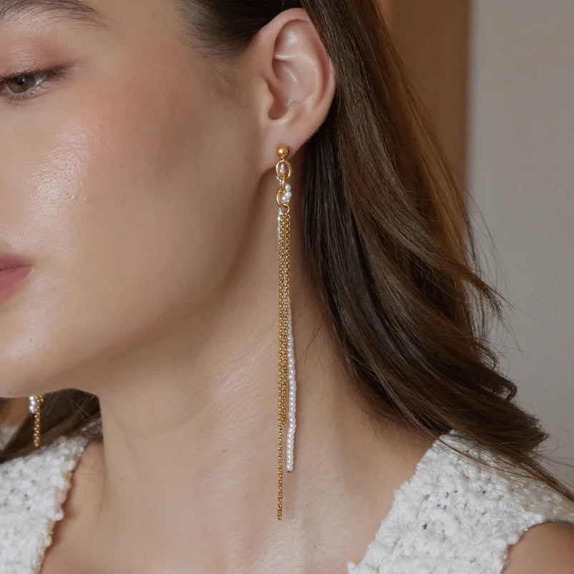 Asymmetric Double Chain Pearl Earrings — view 3