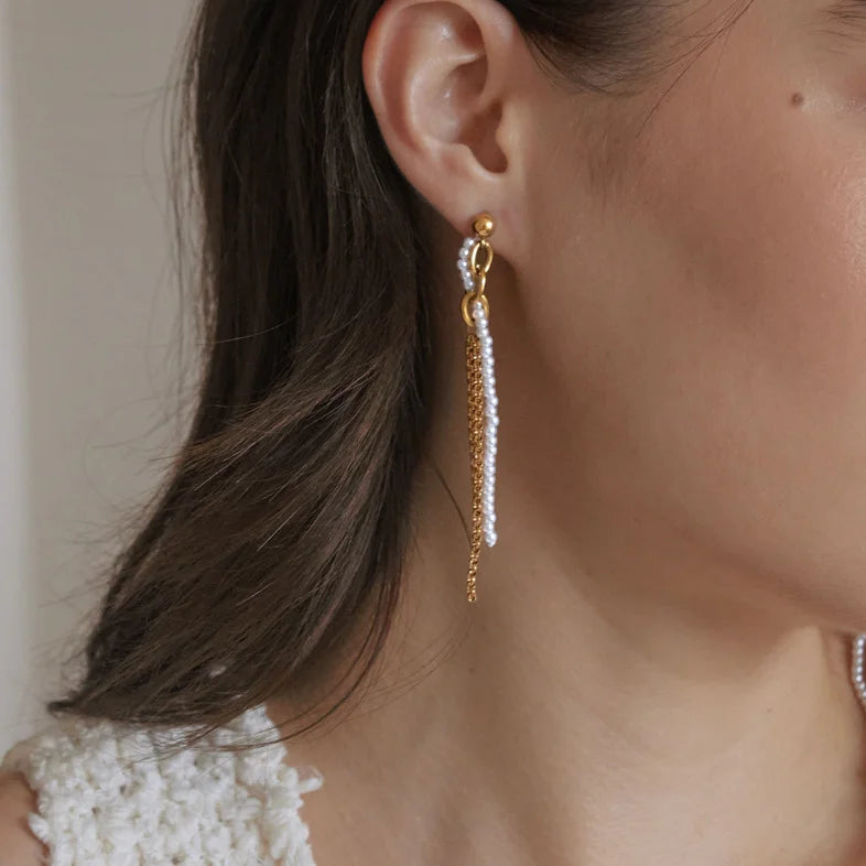 Asymmetric Double Chain Pearl Earrings — view 2
