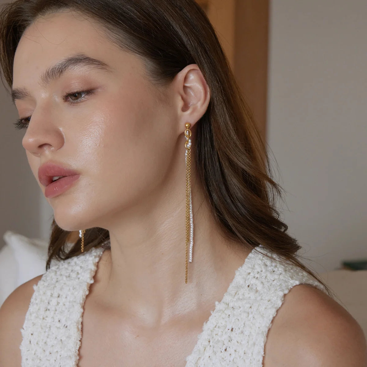 Asymmetric Double Chain Pearl Earrings — view 4