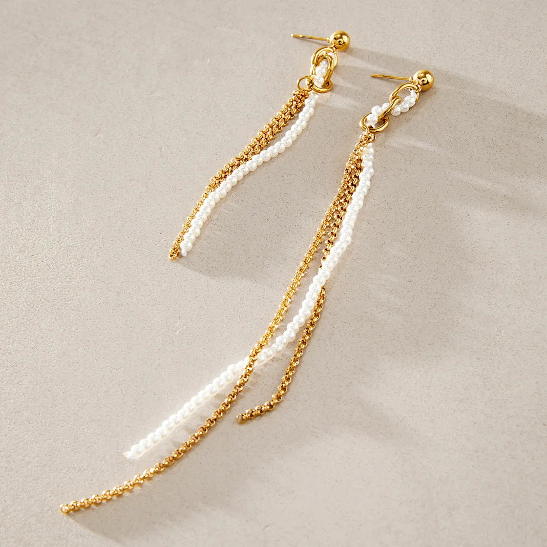 Asymmetric Double Chain Pearl Earrings