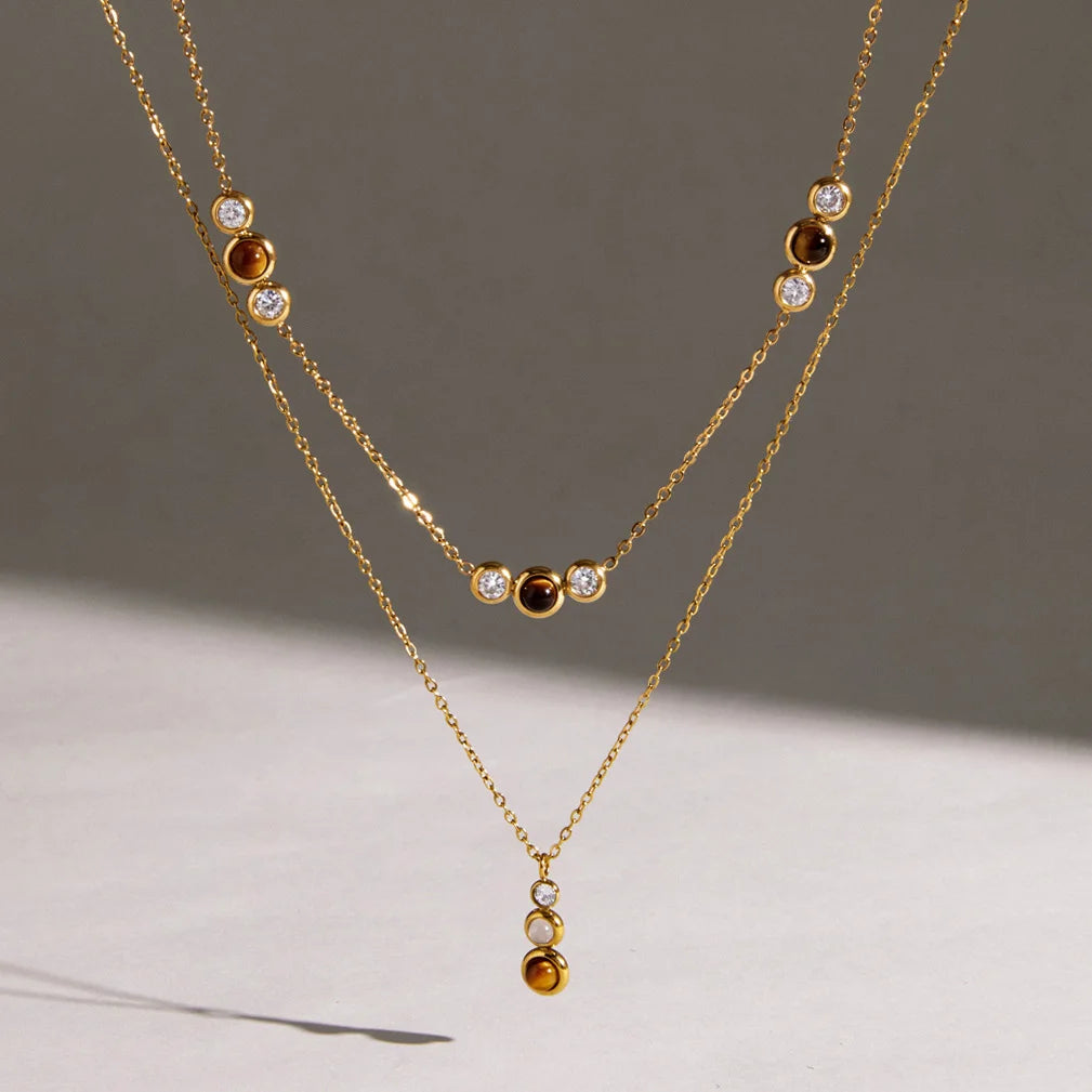 Triple Bezel Station Tiger's Eye & CZ Necklace