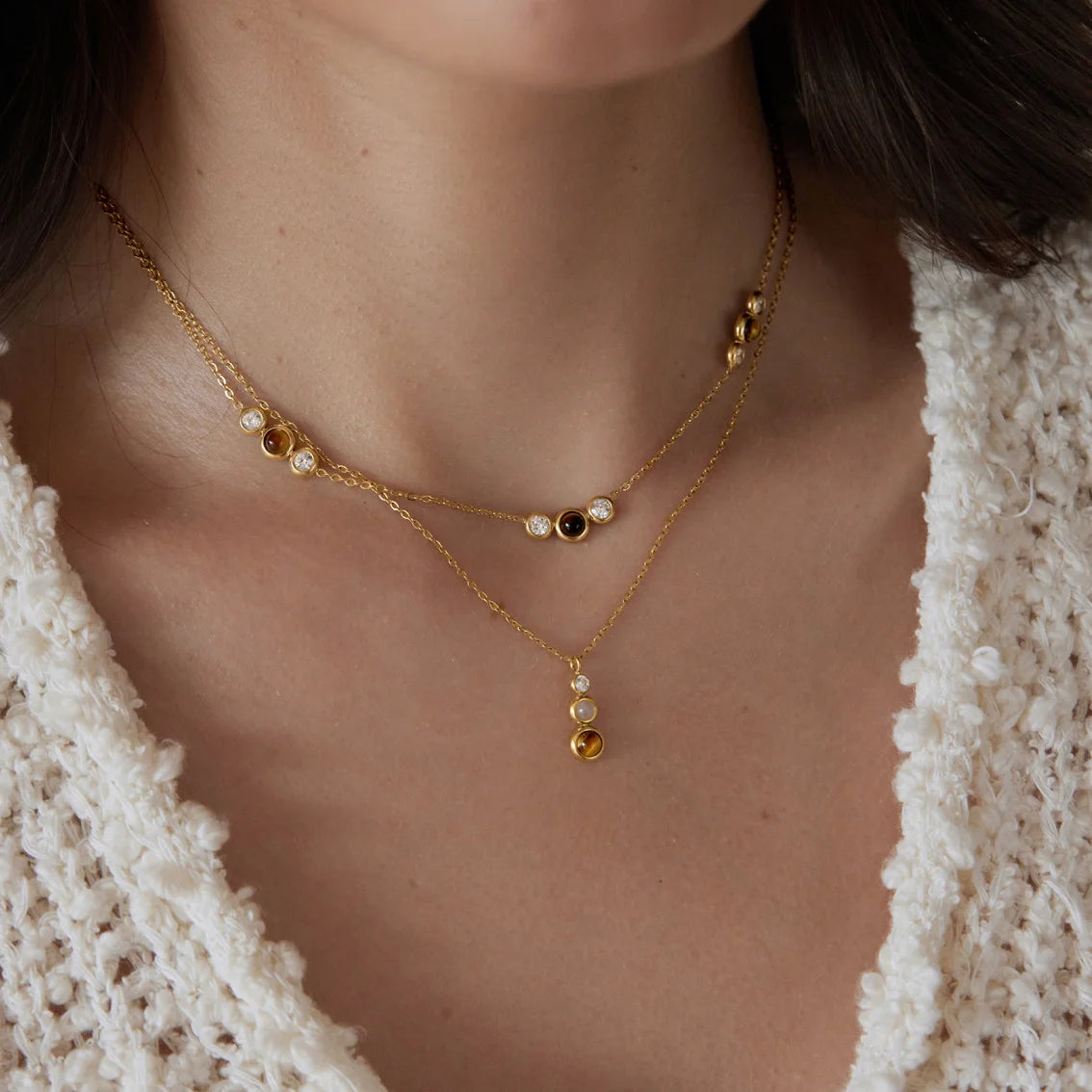 Triple Bezel Station Tiger's Eye & CZ Necklace — view 2
