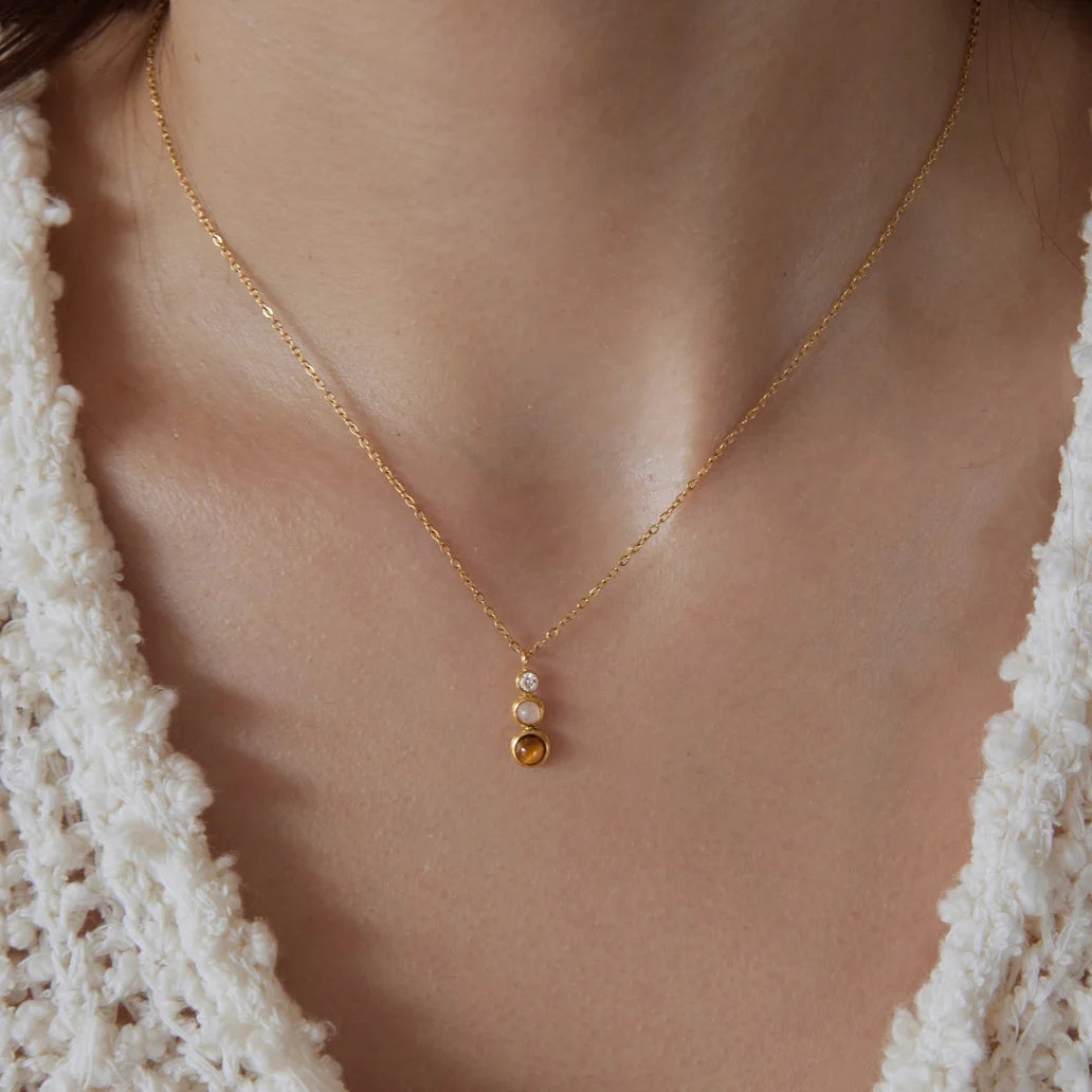 Triple Bezel Station Tiger's Eye & CZ Necklace — view 3