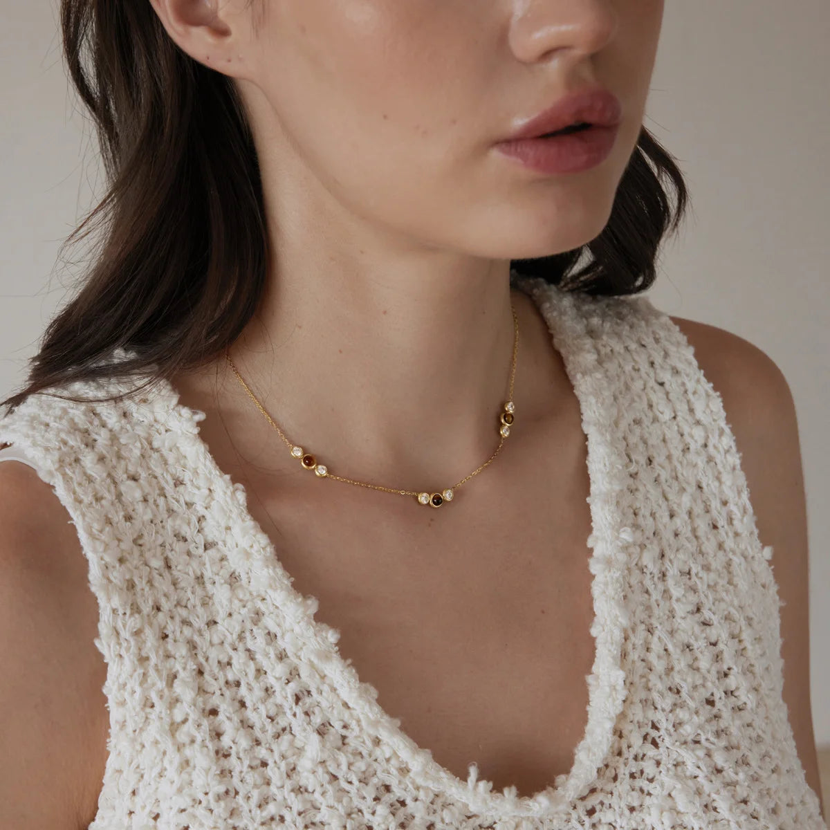 Triple Bezel Station Tiger's Eye & CZ Necklace — view 4