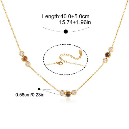 Triple Bezel Station Tiger's Eye & CZ Necklace — Triple Bezel Station · Gold