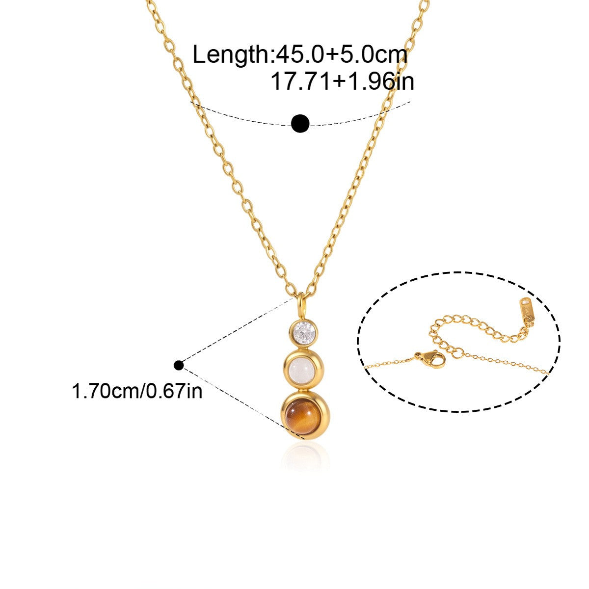 Triple Bezel Station Tiger's Eye & CZ Necklace — Vertical Triple Drop · Gold