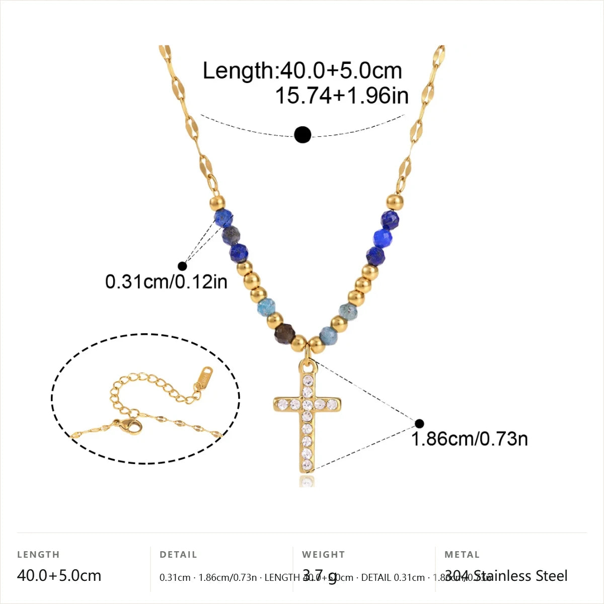Celestial Beaded Necklace — Crystal Cross Blue Beads · Gold