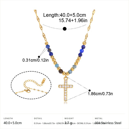Celestial Beaded Necklace — Crystal Cross Blue Beads · Gold