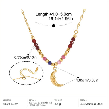 Celestial Beaded Necklace — Crescent Moon Pendant · Gold