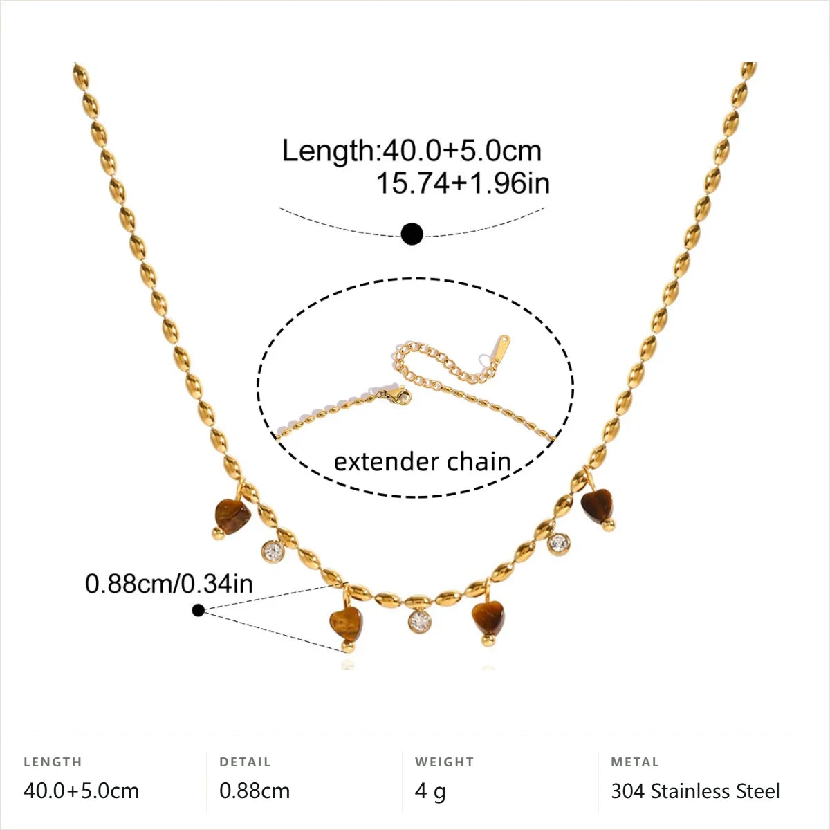 Celestial Beaded Necklace — Twisted Tiger Eye Heart · Gold