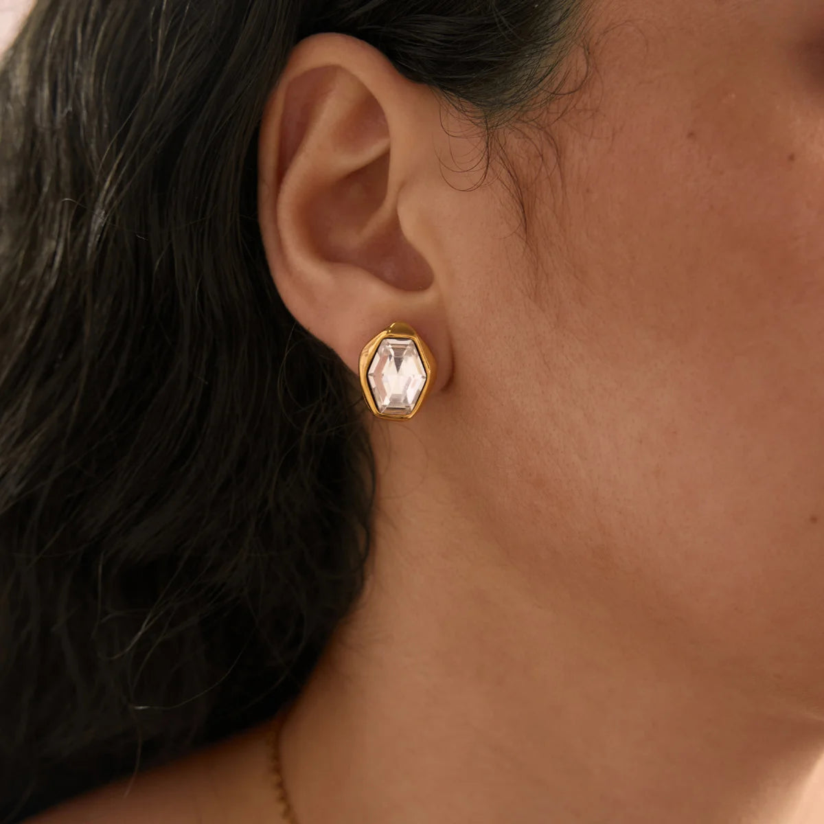 Organic Hexagon Bezel Stud Earrings — view 6